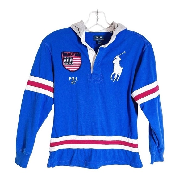 Polo Ralph Lauren Big Pony Long Sleeve Hooded Shirt Boys Size M (10-12) - Picture 1 of 8